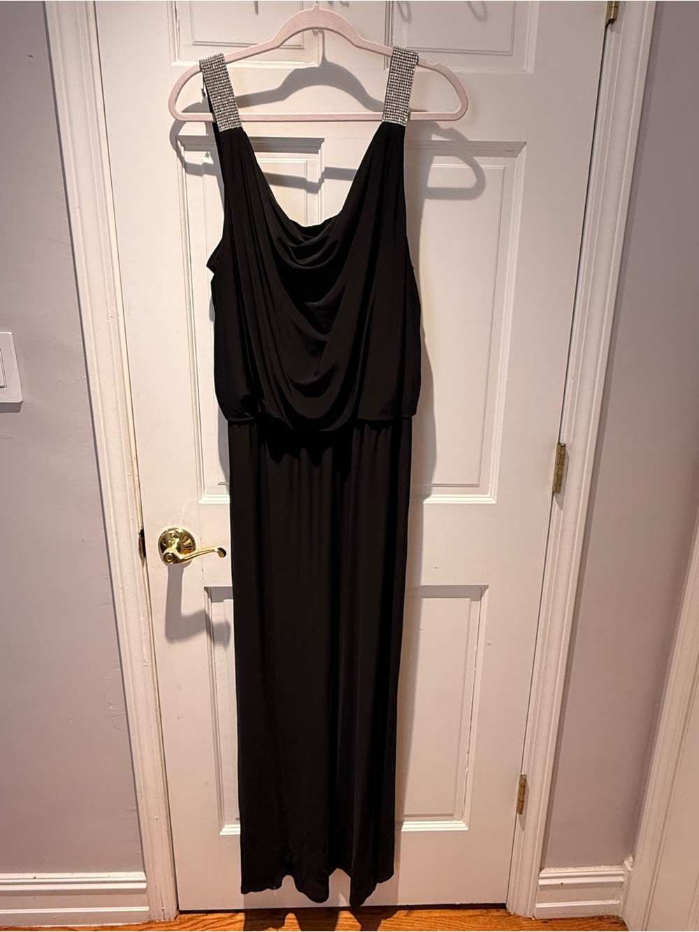 Black Maxi Dress Rhinestone Straps Draped Cowl Neck Elegant Evening Gown